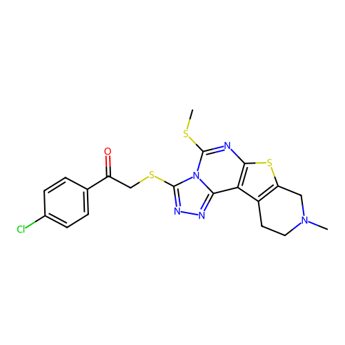 1-(4-chlorophenyl)-2-((9-methyl-5-(methylthio)-8,9,10,11-tetrahydropyrido[4',3':4,5]thieno[3,2-e][1,2,4]triazolo[4,3-c]pyrimidin-3-yl)thio)ethanone structure