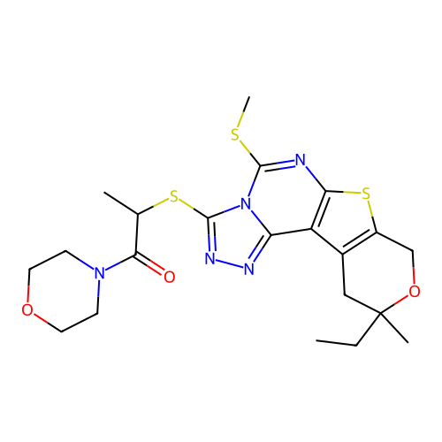 2-((10-ethyl-10-methyl-5-(methylthio)-10,11-dihydro-8H-pyrano[4',3':4,5]thieno[3,2-e][1,2,4]triazolo[4,3-c]pyrimidin-3-yl)thio)-1-morpholinopropan-1-one structure