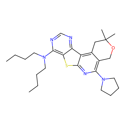 N,N-dibutyl-2,2-dimethyl-5-(pyrrolidin-1-yl)-1,4-dihydro-2H-pyrano[4'',3'':4',5']pyrido[3',2':4,5]thieno[3,2-d]pyrimidin-8-amine structure