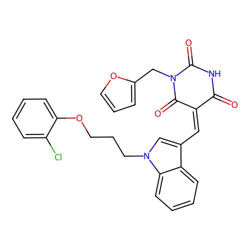 (5Z)-5-[[1-[3-(2-chlorophenoxy)propyl]indol-3-yl]methylidene]-1-(furan-2-ylmethyl)-1,3-diazinane-2,4,6-trione structure