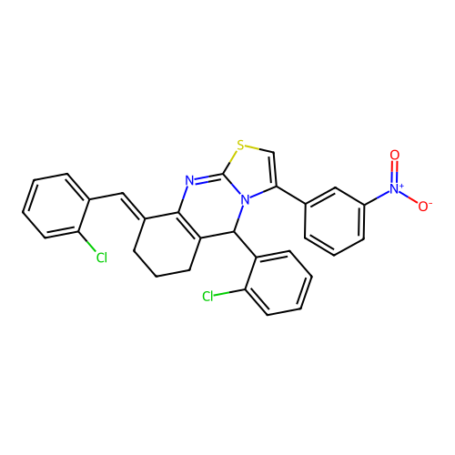 (9E)-5-(2-chlorophenyl)-9-[(2-chlorophenyl)methylidene]-3-(3-nitrophenyl)-5,6,7,8-tetrahydro-[1,3]thiazolo[2,3-b]quinazoline structure