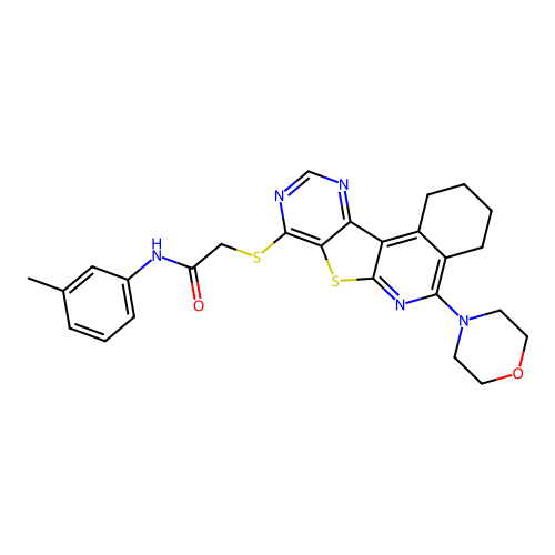 2-((5-morpholino-1,2,3,4-tetrahydropyrimido[4',5':4,5]thieno[2,3-c]isoquinolin-8-yl)thio)-N-(m-tolyl)acetamide structure
