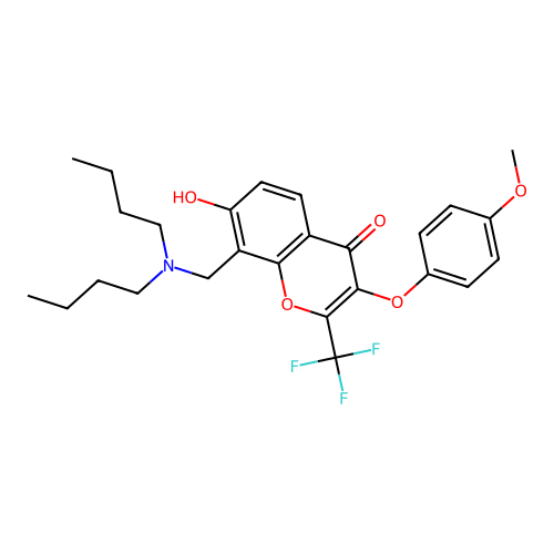 8-[(dibutylamino)methyl]-7-hydroxy-3-(4-methoxyphenoxy)-2-(trifluoromethyl)-4H-chromen-4-one structure