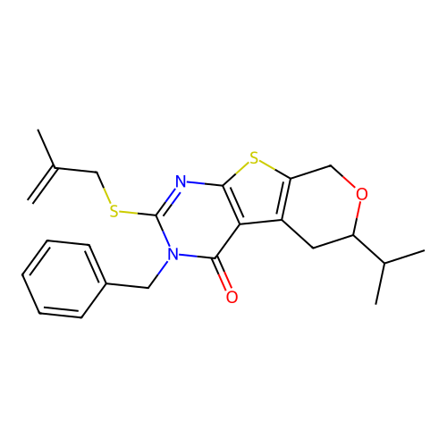 3-benzyl-2-[(2-methylprop-2-en-1-yl)sulfanyl]-6-(propan-2-yl)-3,5,6,8-tetrahydro-4H-pyrano[4',3':4,5]thieno[2,3-d]pyrimidin-4-one structure