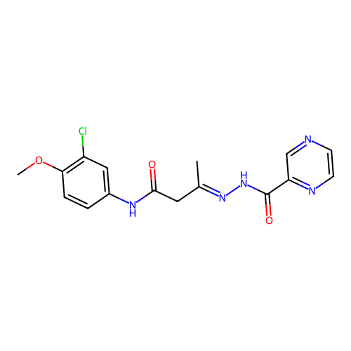 (3E)-N-(3-chloro-4-methoxyphenyl)-3-[2-(pyrazin-2-ylcarbonyl)hydrazinylidene]butanamide structure