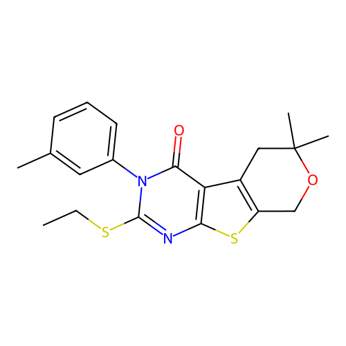 2-(ethylsulfanyl)-6,6-dimethyl-3-(3-methylphenyl)-3,5,6,8-tetrahydro-4H-pyrano[4',3':4,5]thieno[2,3-d]pyrimidin-4-one structure