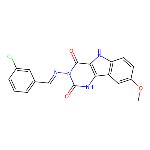 (E)-3-((3-chlorobenzylidene)amino)-8-methoxy-1H-pyrimido[5,4-b]indole-2,4(3H,5H)-dione structure