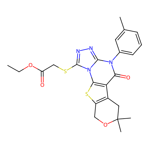 ethyl {[7,7-dimethyl-4-(3-methylphenyl)-5-oxo-4,5,6,9-tetrahydro-7H-pyrano[4',3':4,5]thieno[3,2-e][1,2,4]triazolo[4,3-a]pyrimidin-1-yl]sulfanyl}acetate structure