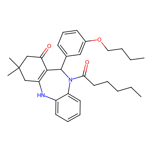 11-(3-butoxyphenyl)-10-hexanoyl-3,3-dimethyl-2,3,4,5,10,11-hexahydro-1H-dibenzo[b,e][1,4]diazepin-1-one structure