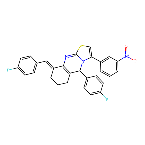 (9E)-5-(4-fluorophenyl)-9-[(4-fluorophenyl)methylidene]-3-(3-nitrophenyl)-5,6,7,8-tetrahydro-[1,3]thiazolo[2,3-b]quinazoline structure