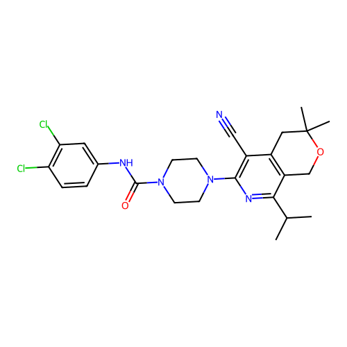 4-(5-cyano-3,3-dimethyl-8-propan-2-yl-1,4-dihydropyrano[3,4-c]pyridin-6-yl)-N-(3,4-dichlorophenyl)piperazine-1-carboxamide structure