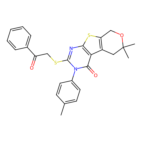 6,6-dimethyl-3-(4-methylphenyl)-2-[(2-oxo-2-phenylethyl)sulfanyl]-3,5,6,8-tetrahydro-4H-pyrano[4',3':4,5]thieno[2,3-d]pyrimidin-4-one structure