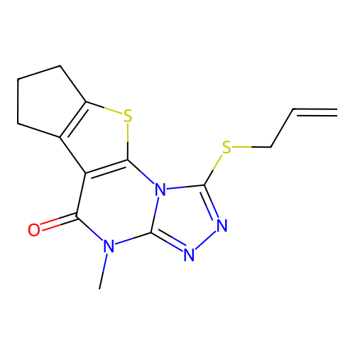 4-methyl-1-(prop-2-en-1-ylsulfanyl)-7,8-dihydro-6H-cyclopenta[4,5]thieno[3,2-e][1,2,4]triazolo[4,3-a]pyrimidin-5(4H)-one structure