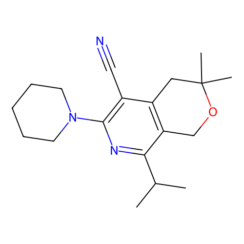 3,3-dimethyl-6-(piperidin-1-yl)-8-(propan-2-yl)-3,4-dihydro-1H-pyrano[3,4-c]pyridine-5-carbonitrile structure