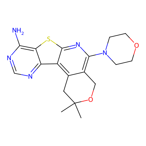 10,10-dimethyl-7-morpholin-4-yl-10,11-dihydro-8H-pyrano[4'',3''-4',5']pyridino [2',3'-3,2]thiopheno[4,5-d]pyrimidine-4-ylamine structure