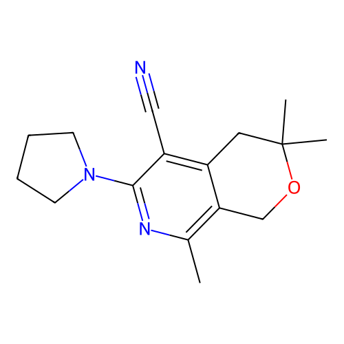 3,3,8-trimethyl-6-(pyrrolidin-1-yl)-3,4-dihydro-1H-pyrano[3,4-c]pyridine-5-carbonitrile structure