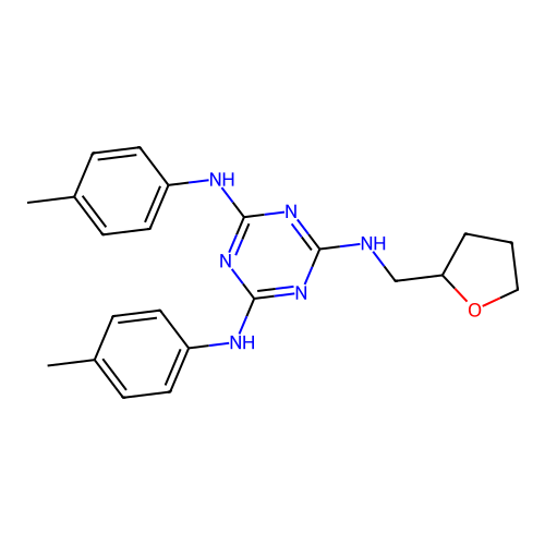 N2,N4-bis(p-tolyl)-N6-(tetrahydrofuran-2-ylmethyl)-1,3,5-triazine-2,4,6-triamine structure