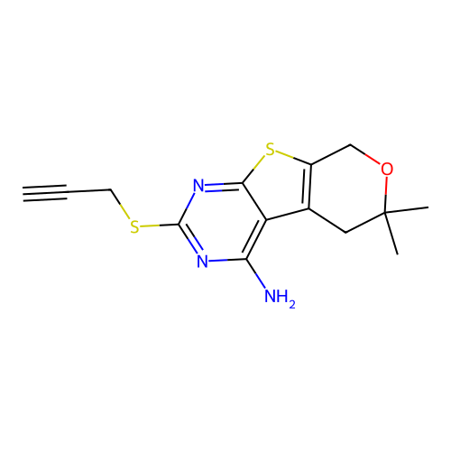 6,6-dimethyl-2-(prop-2-yn-1-ylsulfanyl)-5,8-dihydro-6H-pyrano[4',3':4,5]thieno[2,3-d]pyrimidin-4-amine structure