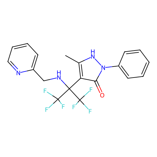 4-(1,1,1,3,3,3-hexafluoro-2-((pyridin-2-ylmethyl)amino)propan-2-yl)-5-methyl-2-phenyl-1H-pyrazol-3(2H)-one structure