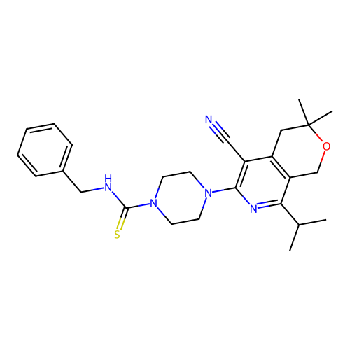 N-benzyl-4-(5-cyano-3,3-dimethyl-8-propan-2-yl-1,4-dihydropyrano[3,4-c]pyridin-6-yl)piperazine-1-carbothioamide structure