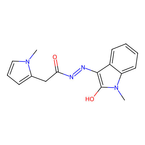 N'-[(3E)-1-methyl-2-oxo-1,2-dihydro-3H-indol-3-ylidene]-2-(1-methyl-1H-pyrrol-2-yl)acetohydrazide structure