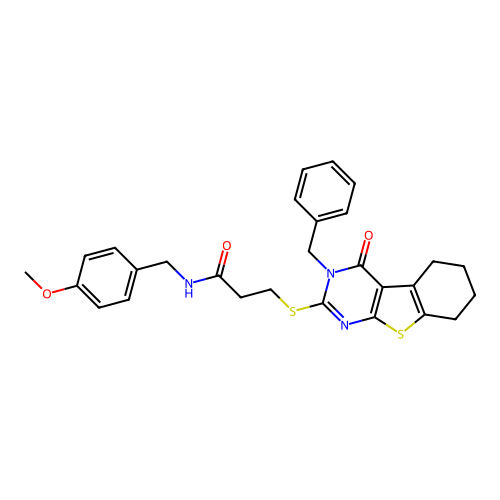 3-[(3-benzyl-4-oxo-3,4,5,6,7,8-hexahydro[1]benzothieno[2,3-d]pyrimidin-2-yl)sulfanyl]-N-(4-methoxybenzyl)propanamide structure