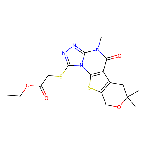 ethyl 2-((4,7,7-trimethyl-5-oxo-5,6,7,9-tetrahydro-4H-pyrano[4',3':4,5]thieno[3,2-e][1,2,4]triazolo[4,3-a]pyrimidin-1-yl)thio)acetate structure