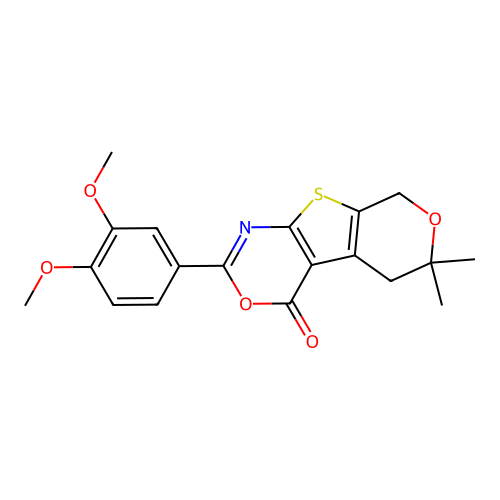 2-(3,4-dimethoxyphenyl)-6,6-dimethyl-5,6-dihydropyrano[4',3':4,5]thieno[2,3-d][1,3]oxazin-4(8H)-one structure