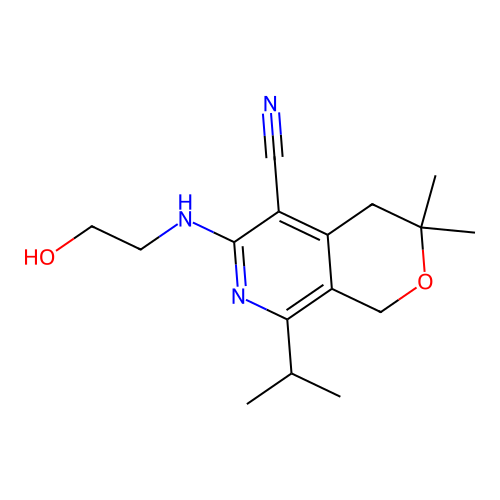 6-((2-hydroxyethyl)amino)-8-isopropyl-3,3-dimethyl-3,4-dihydro-1H-pyrano[3,4-c]pyridine-5-carbonitrile structure