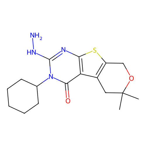 3-cyclohexyl-2-hydrazinyl-6,6-dimethyl-3,5,6,8-tetrahydro-4H-pyrano[4',3':4,5]thieno[2,3-d]pyrimidin-4-one structure