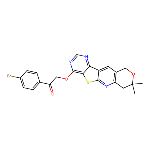 1-(4-bromophenyl)-2-((8,8-dimethyl-8,10-dihydro-7H-pyrano[3'',4'':5',6']pyrido[3',2':4,5]thieno[3,2-d]pyrimidin-4-yl)oxy)ethanone structure