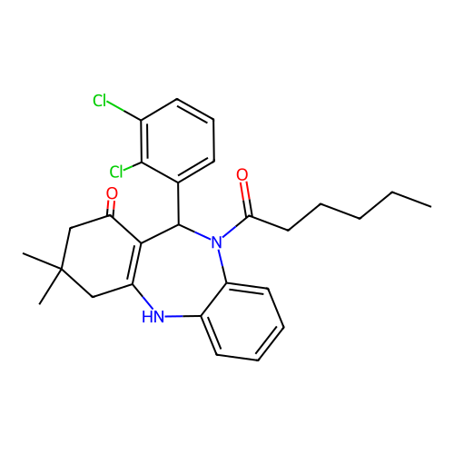 11-(2,3-dichlorophenyl)-10-hexanoyl-3,3-dimethyl-2,3,4,5,10,11-hexahydro-1H-dibenzo[b,e][1,4]diazepin-1-one structure