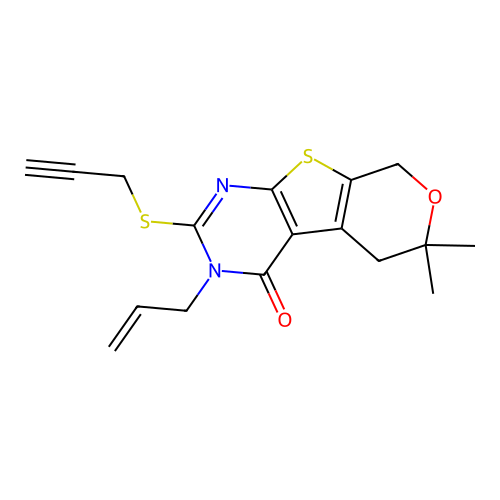 3-allyl-6,6-dimethyl-2-(prop-2-yn-1-ylthio)-5,6-dihydro-3H-pyrano[4',3':4,5]thieno[2,3-d]pyrimidin-4(8H)-one structure