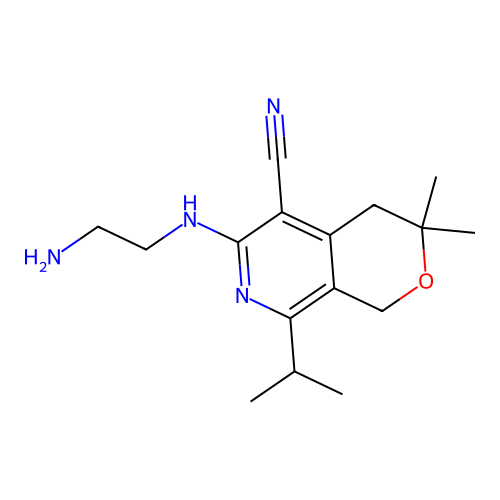 6-[(2-aminoethyl)amino]-3,3-dimethyl-8-(propan-2-yl)-3,4-dihydro-1H-pyrano[3,4-c]pyridine-5-carbonitrile structure