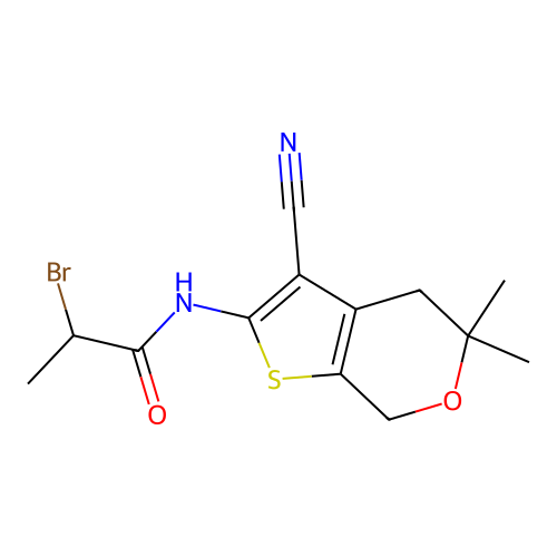 2-bromo-N-(3-cyano-5,5-dimethyl-4,7-dihydro-5H-thieno[2,3-c]pyran-2-yl)propanamide structure