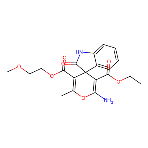 3'-ethyl 5'-(2-methoxyethyl) 2'-amino-6'-methyl-2-oxo-1,2-dihydrospiro[indole-3,4'-pyran]-3',5'-dicarboxylate structure