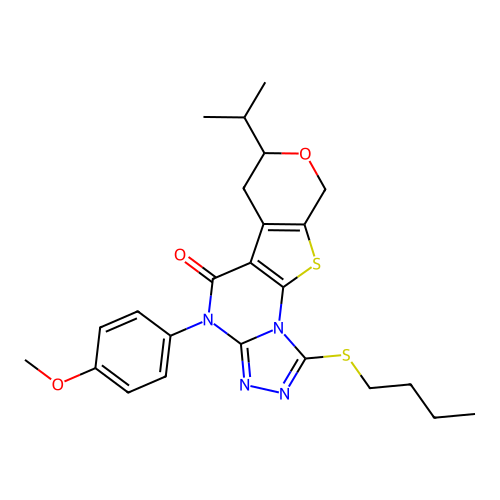 1-(butylsulfanyl)-4-(4-methoxyphenyl)-7-(propan-2-yl)-6,9-dihydro-7H-pyrano[4',3':4,5]thieno[3,2-e][1,2,4]triazolo[4,3-a]pyrimidin-5(4H)-one structure