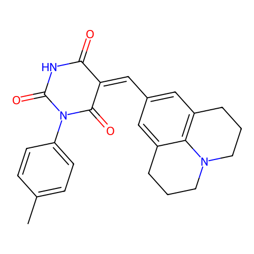 (5Z)-1-(4-methylphenyl)-5-(2,3,6,7-tetrahydro-1H,5H-pyrido[3,2,1-ij]quinolin-9-ylmethylidene)pyrimidine-2,4,6(1H,3H,5H)-trione structure