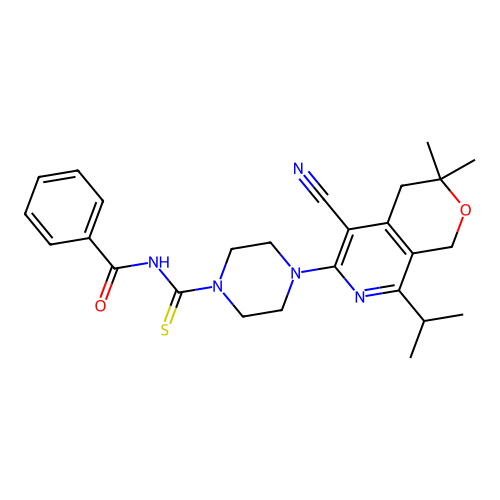 N-({4-[5-cyano-3,3-dimethyl-8-(propan-2-yl)-3,4-dihydro-1H-pyrano[3,4-c]pyridin-6-yl]piperazin-1-yl}carbonothioyl)benzamide structure