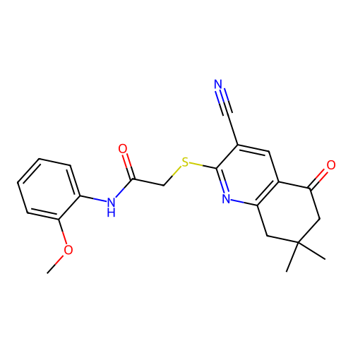 2-((3-cyano-7,7-dimethyl-5-oxo-5,6,7,8-tetrahydroquinolin-2-yl)thio)-N-(2-methoxyphenyl)acetamide structure