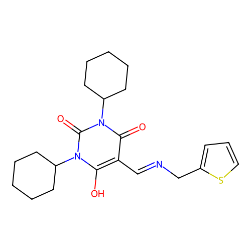 1,3-dicyclohexyl-5-[(thiophen-2-ylmethylamino)methylidene]-1,3-diazinane-2,4,6-trione structure