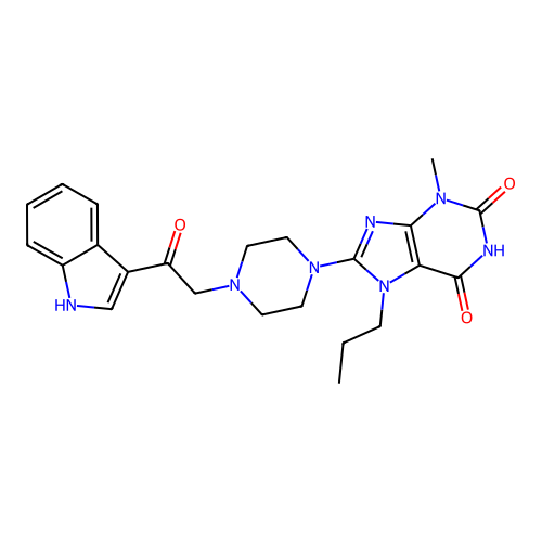 8-[4-[2-(1H-indol-3-yl)-2-oxoethyl]piperazin-1-yl]-3-methyl-7-propylpurine-2,6-dione structure