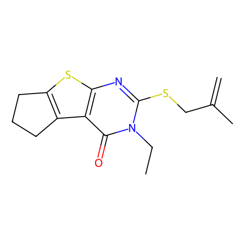 3-ethyl-2-((2-methylallyl)thio)-6,7-dihydro-3H-cyclopenta[4,5]thieno[2,3-d]pyrimidin-4(5H)-one structure