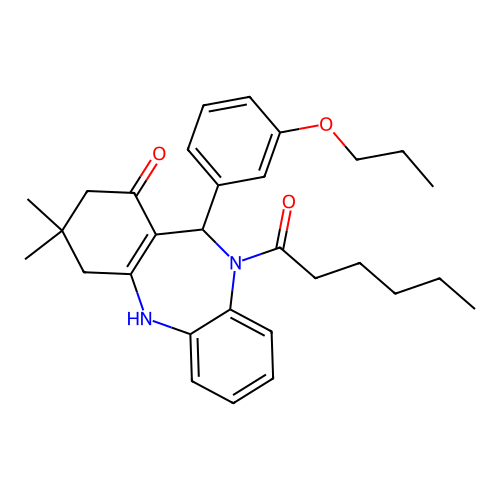 10-hexanoyl-3,3-dimethyl-11-(3-propoxyphenyl)-2,3,4,5,10,11-hexahydro-1H-dibenzo[b,e][1,4]diazepin-1-one structure