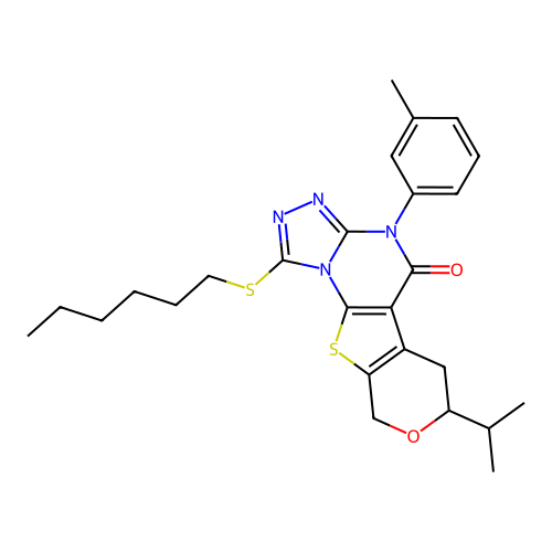 1-(hexylsulfanyl)-4-(3-methylphenyl)-7-(propan-2-yl)-6,9-dihydro-7H-pyrano[4',3':4,5]thieno[3,2-e][1,2,4]triazolo[4,3-a]pyrimidin-5(4H)-one structure