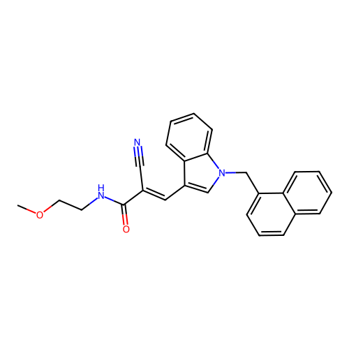 (E)-2-cyano-N-(2-methoxyethyl)-3-(1-(naphthalen-1-ylmethyl)-1H-indol-3-yl)acrylamide structure