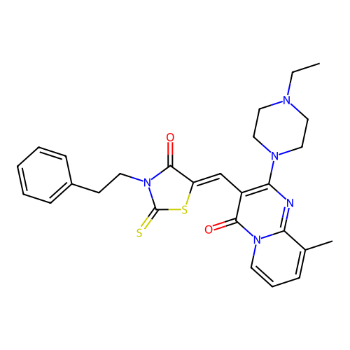 2-(4-ethylpiperazin-1-yl)-9-methyl-3-{(Z)-[4-oxo-3-(2-phenylethyl)-2-thioxo-1,3-thiazolidin-5-ylidene]methyl}-4H-pyrido[1,2-a]pyrimidin-4-one structure