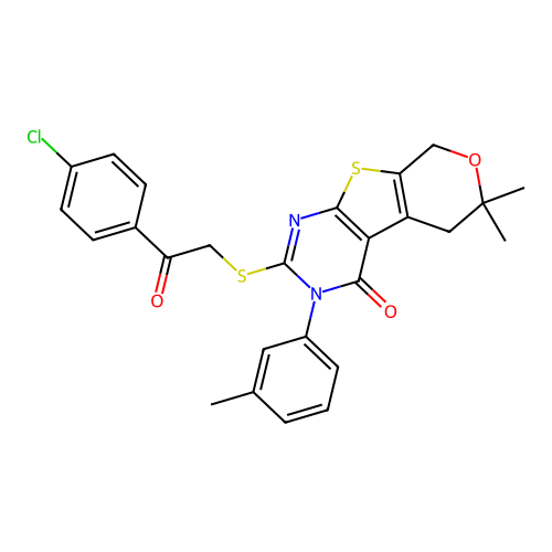 2-((2-(4-chlorophenyl)-2-oxoethyl)thio)-6,6-dimethyl-3-(m-tolyl)-5,6-dihydro-3H-pyrano[4',3':4,5]thieno[2,3-d]pyrimidin-4(8H)-one structure