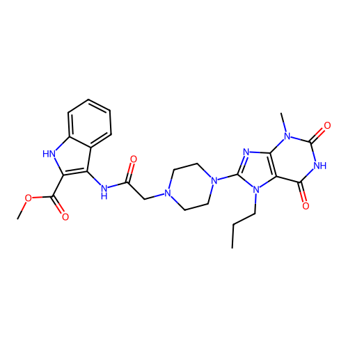 methyl 3-({[4-(3-methyl-2,6-dioxo-7-propyl-2,3,6,7-tetrahydro-1H-purin-8-yl)piperazin-1-yl]acetyl}amino)-1H-indole-2-carboxylate structure