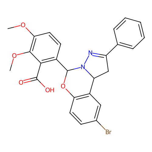 6-(9-bromo-2-phenyl-1,10b-dihydropyrazolo[1,5-c][1,3]benzoxazin-5-yl)-2,3-dimethoxybenzoic acid structure